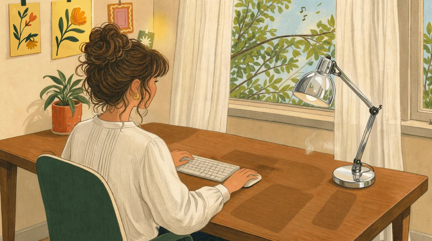 Illustration: Martina sitzt an ihrem Schreibtisch mit Monitor, Kamera, Kaffeetasse, Skizzenbuch und Stiftebecher