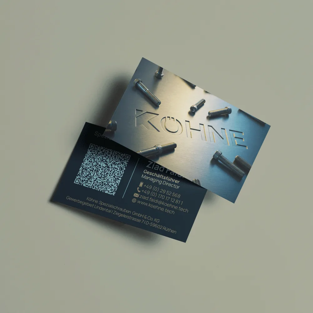 Visitenkarten für Köhne Spezialschrauben mit gefrästem Logo auf Metalloptik