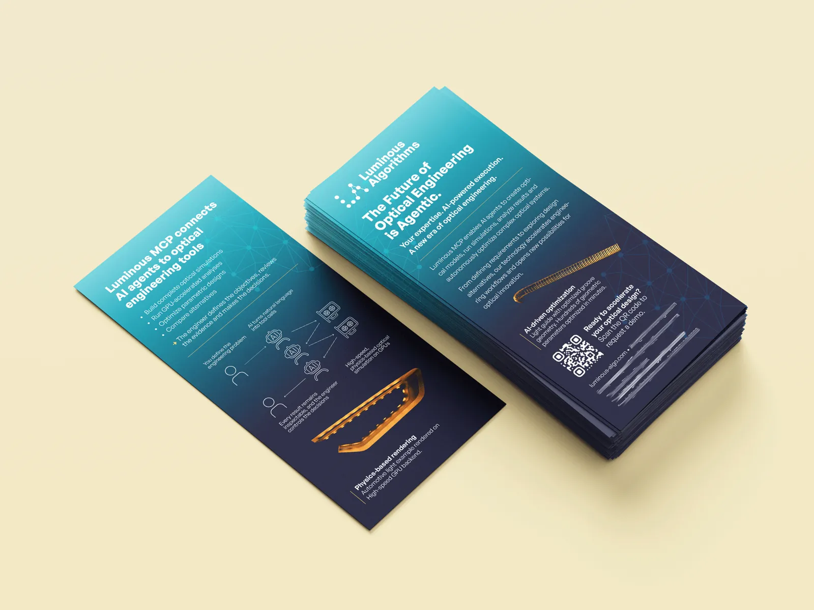Gedruckte Flyer für Luminous Algorithms im DIN-lang-Format, gestaltet von Martina Sofia Dörr