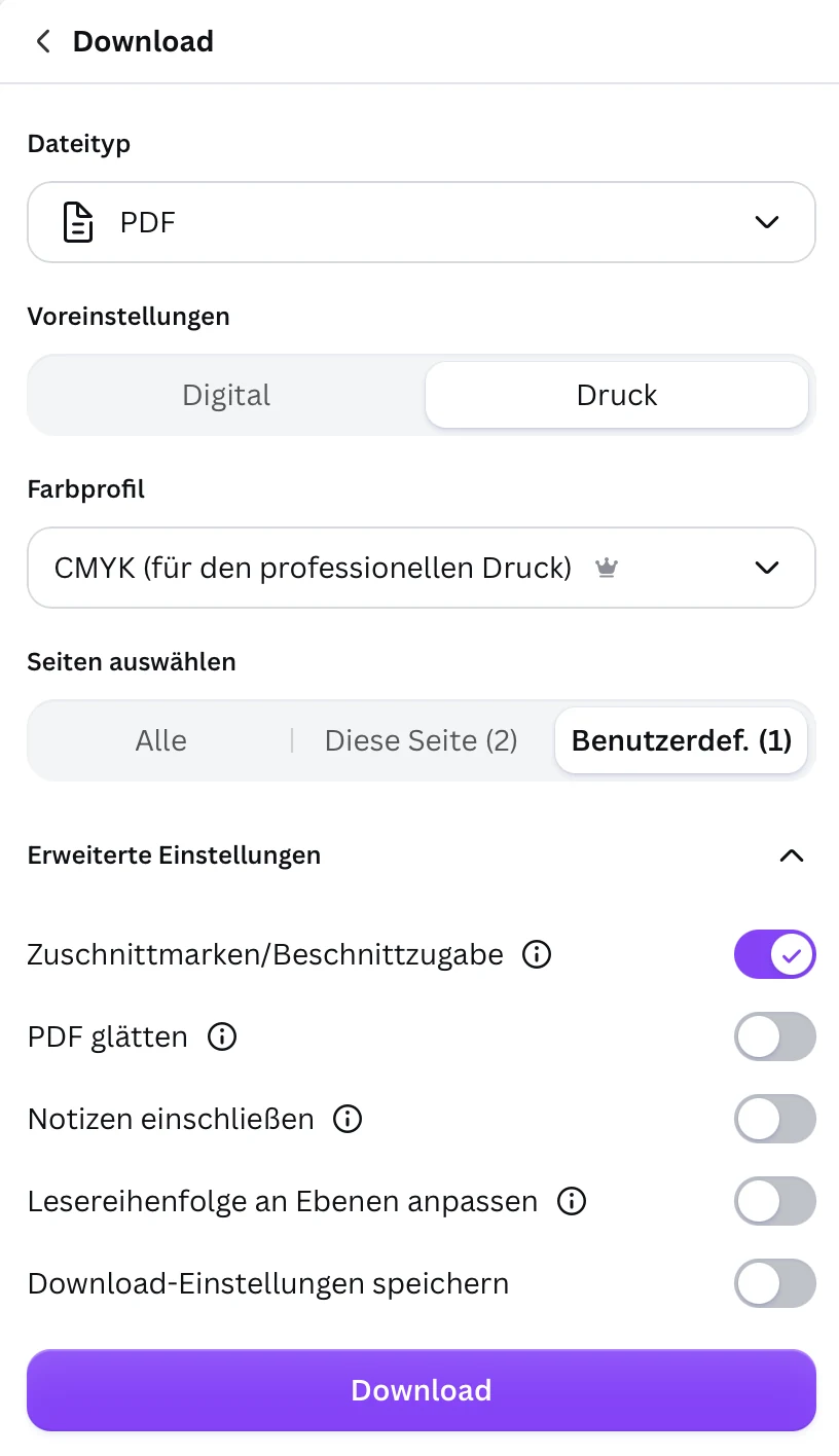 Canva-Downloaddialog: Dateityp PDF, Voreinstellung Druck, Farbprofil CMYK für den professionellen Druck, Schalter Zuschnittmarken und Beschnittzugabe aktiviert