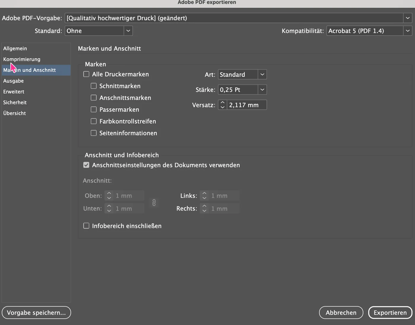 InDesign-Exportdialog im Bereich Marken und Anschnitt: keine Druckermarken, Anschnitteinstellungen des Dokuments verwenden mit je 1 mm Anschnitt